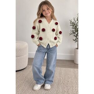 Sweet Stolie Girls Cream Ribbed Cardigan Red 3D Rose Floral Sweater Size 14 L